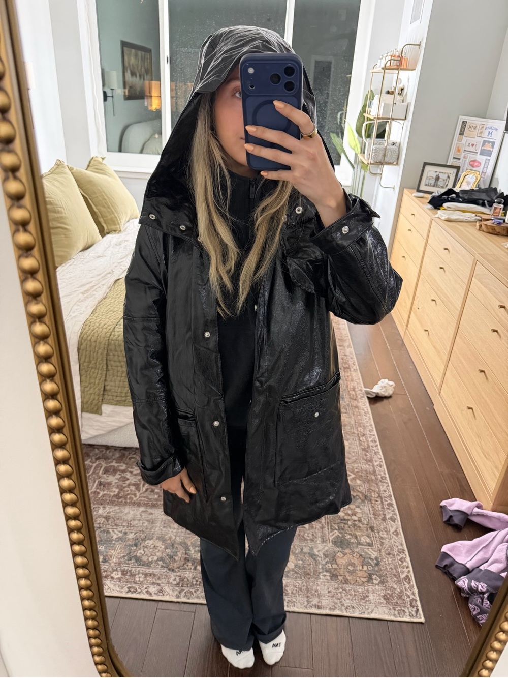 Zara Shiny Faux Leather Hooded Women's Rain Jacket